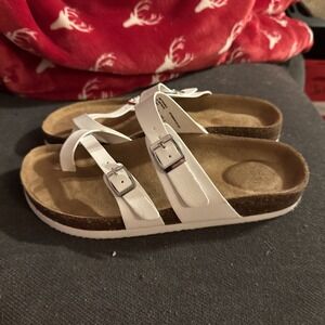 TIME & TRU CORK SOLE MOLDED FOOTBED TOE LOOP/STRAP  WHITE THONG SLIDE SANDAL 8